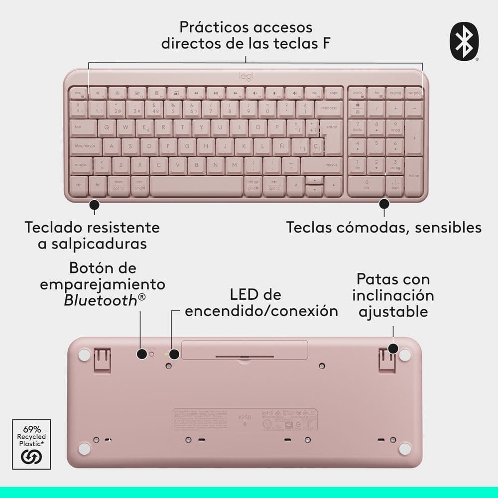 Teclado Bluetooth Logitech k250 Compacto Rosado Español