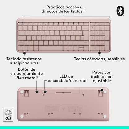 Teclado Bluetooth Logitech k250 Compacto Rosado Español
